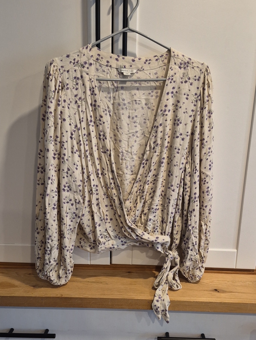American Eagle Outfitters Cream Floral Wrap Blouse with Purple Print